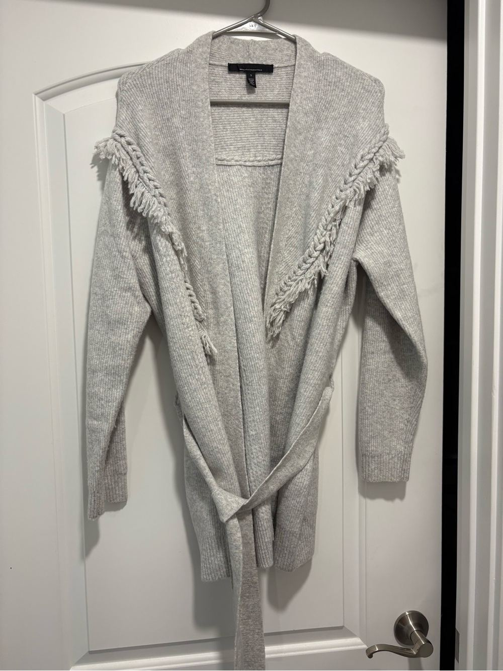 White House Black Market Light Gray Fringe Belted Open Cardigan